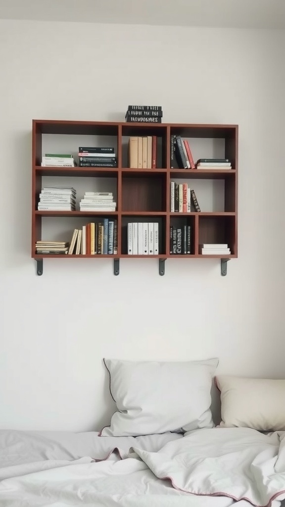 A wall-mounted wooden shelf with books and decorative items above a bed.