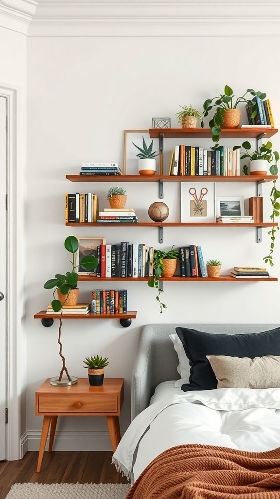Wall-mounted wooden shelves with books and plants in a teen girl's bedroom