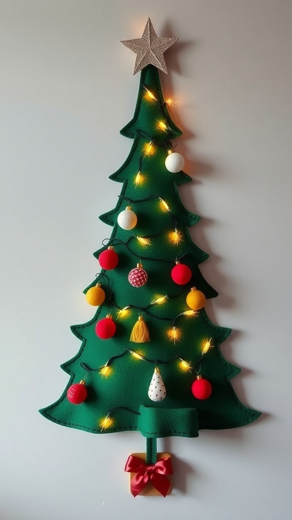 A wall-mounted Christmas tree made of felt with colorful ornaments and lights.