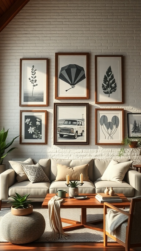 Contemporary farmhouse living room with a gallery wall of framed art and photographs.