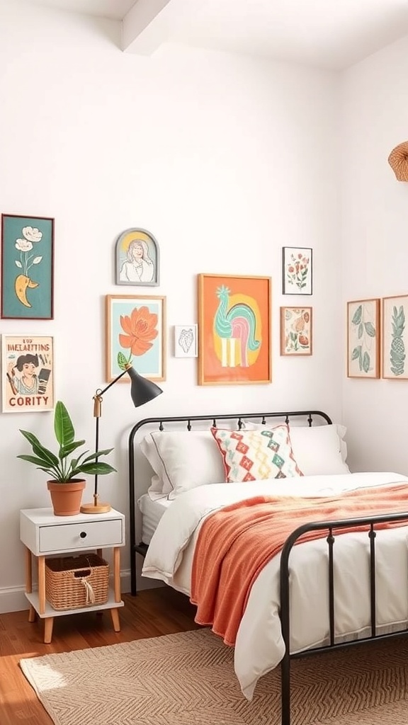 A small guest bedroom featuring a variety of colorful wall art, a bed with a cozy blanket, and a bedside table with a plant.