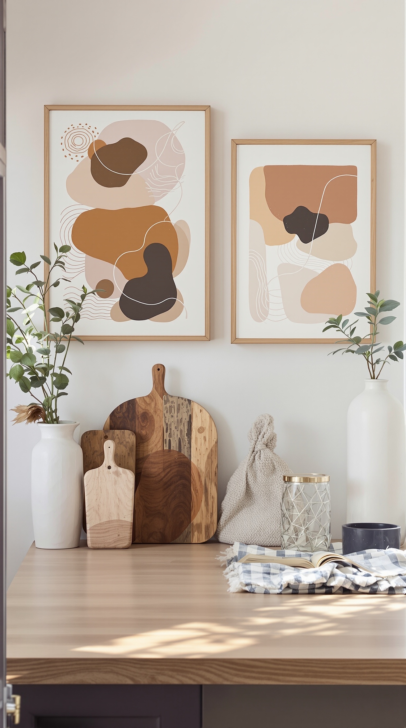 A modern kitchen with framed wall art including text and a photo of a person with a dog.