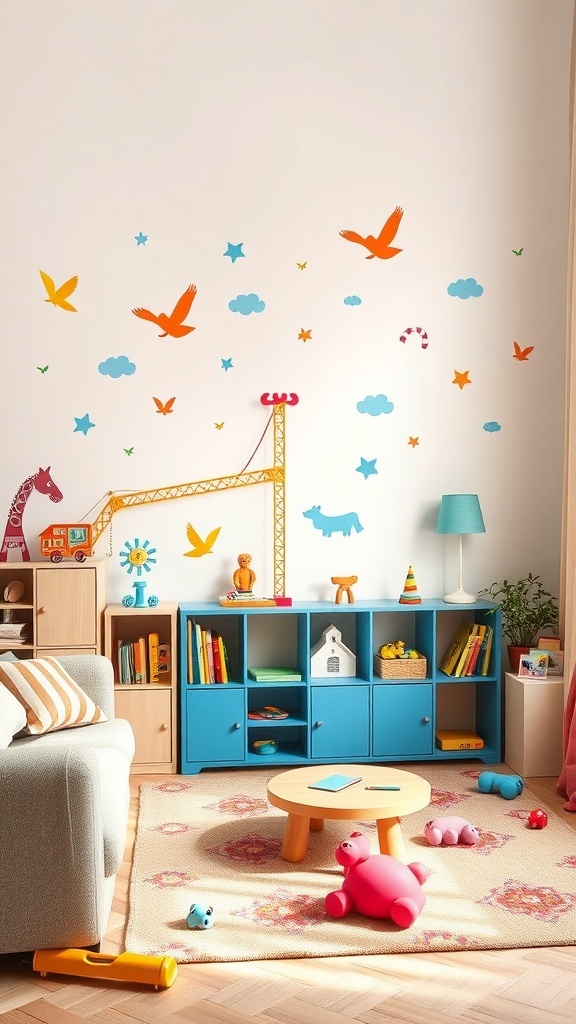 A bright living room with playful wall decals featuring animals and shapes, colorful furniture, and a cozy rug.