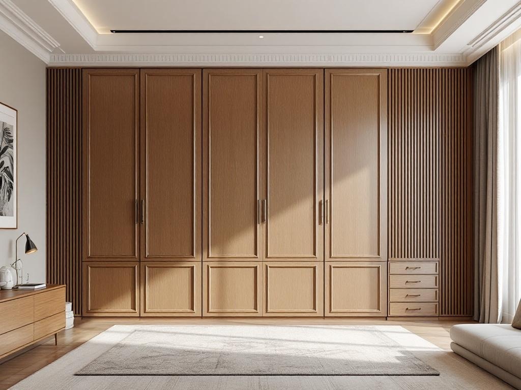 A spacious bedroom featuring a wooden wardrobe used as a room divider, showcasing a modern and stylish design.