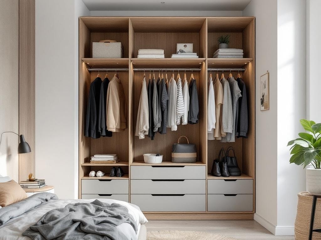 A modern wardrobe in a small bedroom featuring open shelves, hanging clothes, and drawers.