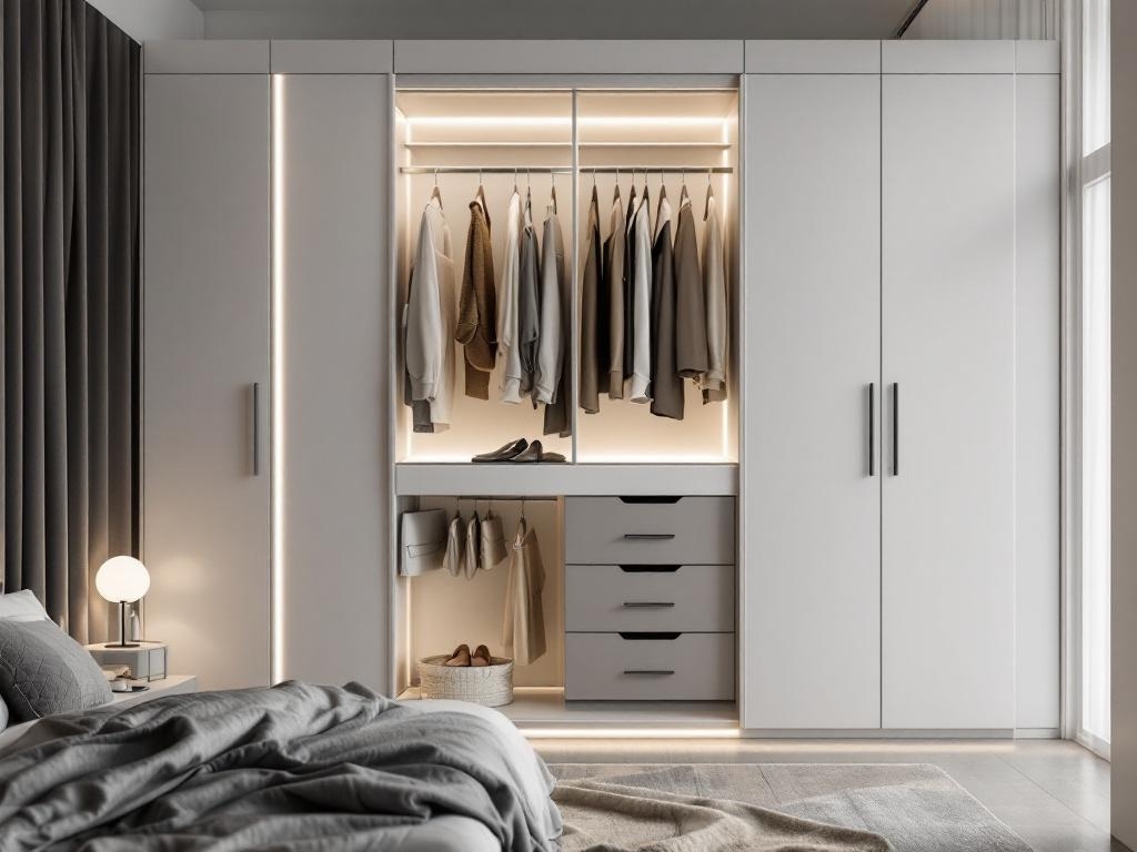 A modern wardrobe with built-in lighting showcasing neatly hung clothes and organized drawers.
