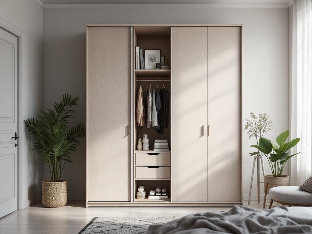 A modern wardrobe with artwork display and plants in a stylish bedroom.