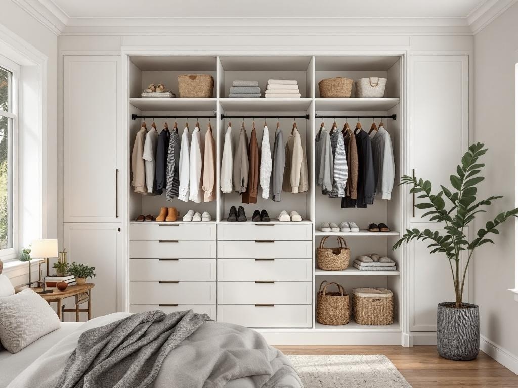 A modern wardrobe with custom storage solutions featuring hanging clothes, drawers, and decorative baskets.