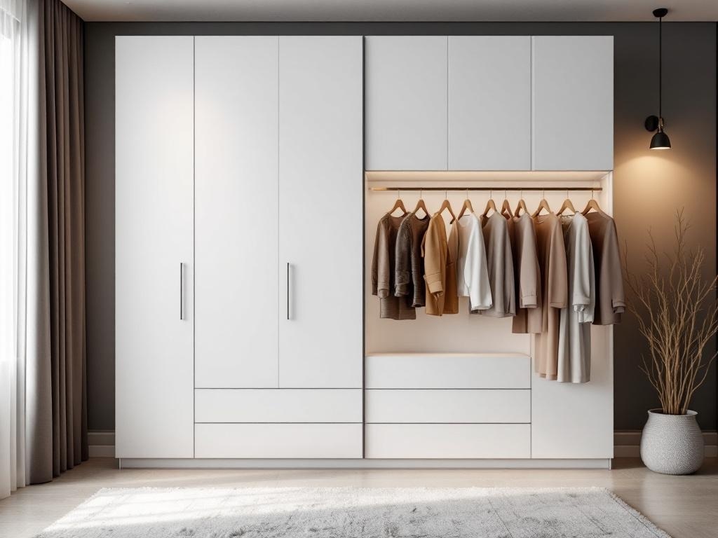 Modern wardrobe with an open fashion display showcasing hanging clothes