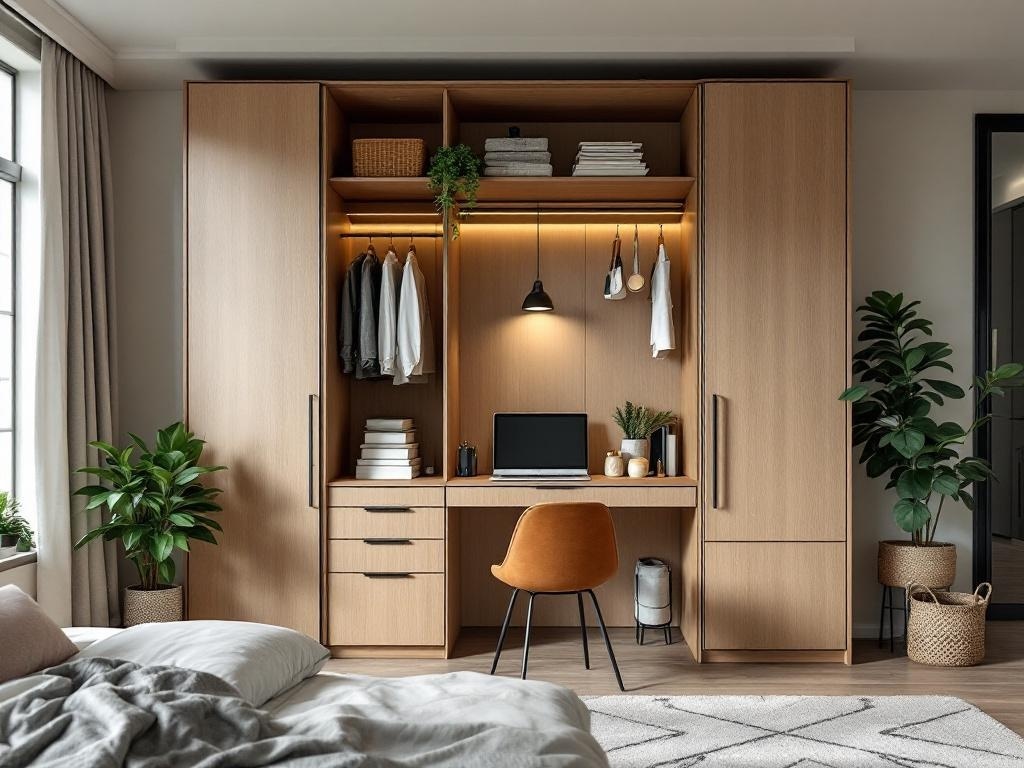 A modern bedroom featuring a wardrobe with an integrated desk, showcasing a laptop, plants, and neatly arranged clothes.