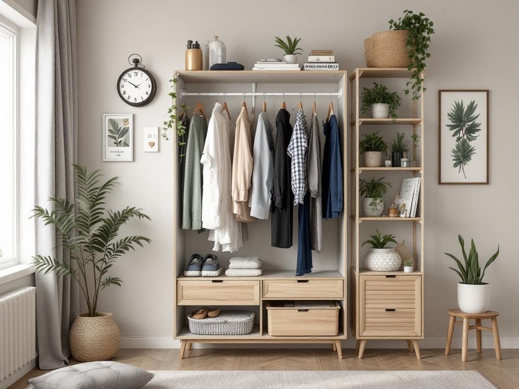 A stylish wardrobe with hanging clothes, decorative plants, and personal touches.