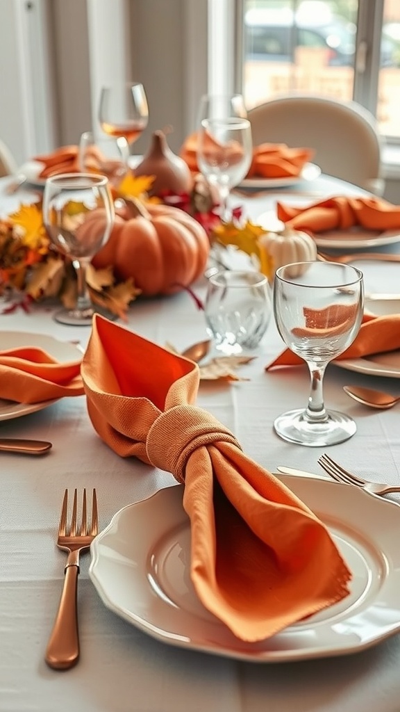 A Thanksgiving table setting with warm-toned orange napkins folded elegantly on white plates, surrounded by pumpkins and autumn leaves.