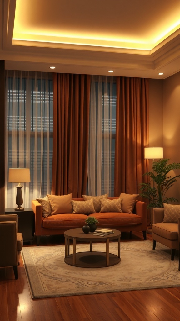 A warm-toned living room with brown curtains and cozy furniture.