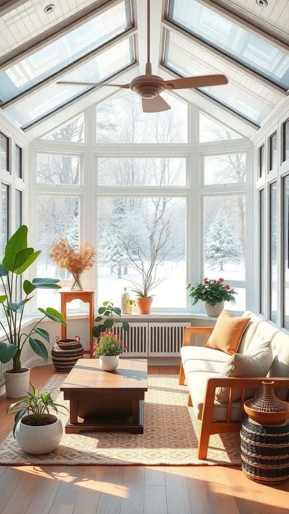 A bright sunroom with large windows, plants, and cozy furniture, perfect for winter.