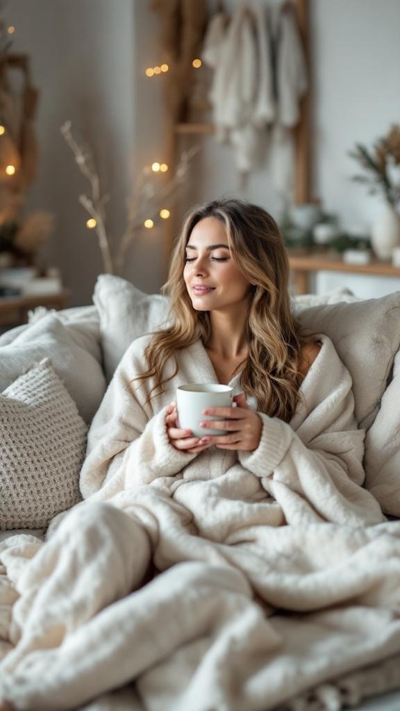 A woman in a cozy cream loungewear outfit, sitting on a couch with a cup, enjoying a warm moment.