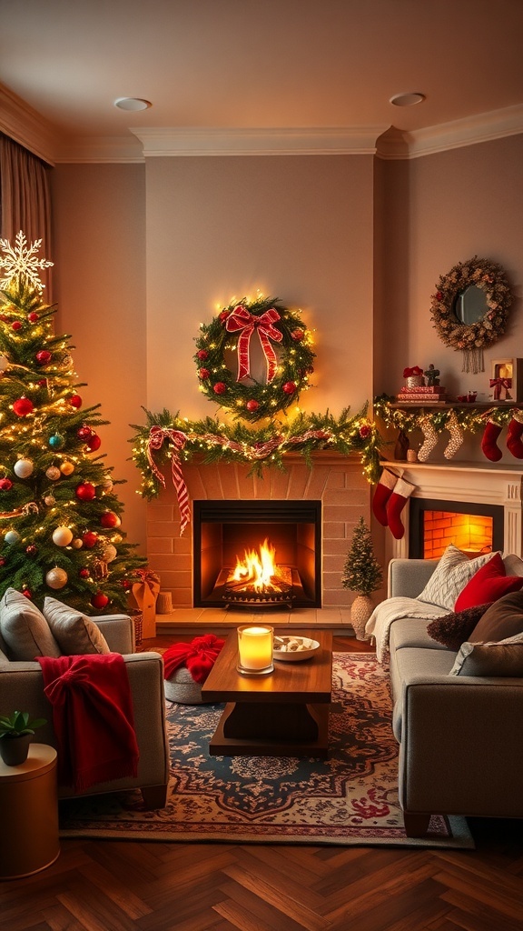 A warm and cozy living room decorated for Christmas with a fireplace, stockings, and festive lights.