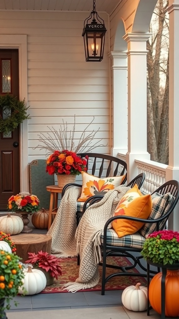 Cozy fall porch with seating, pumpkins, and colorful flowers