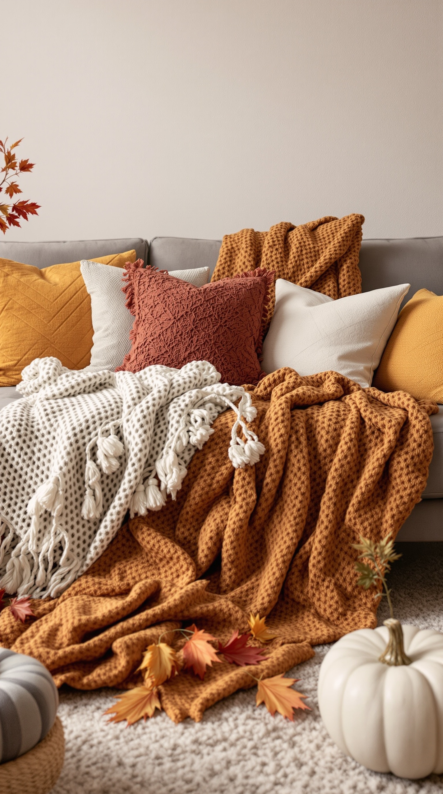 A cozy sofa adorned with warm textiles, including orange and cream blankets and colorful pillows, surrounded by autumn decorations.