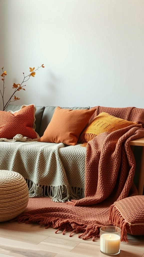 Cozy living room with warm textiles, including a knitted throw, colorful cushions, and a candle.