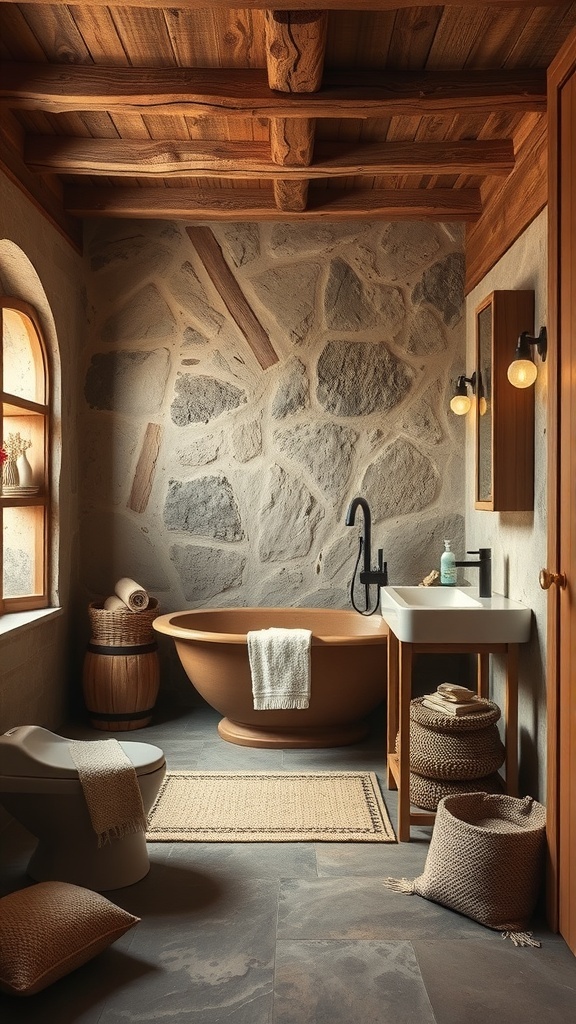 A rustic bathroom featuring stone walls, wooden beams, and cozy textures.