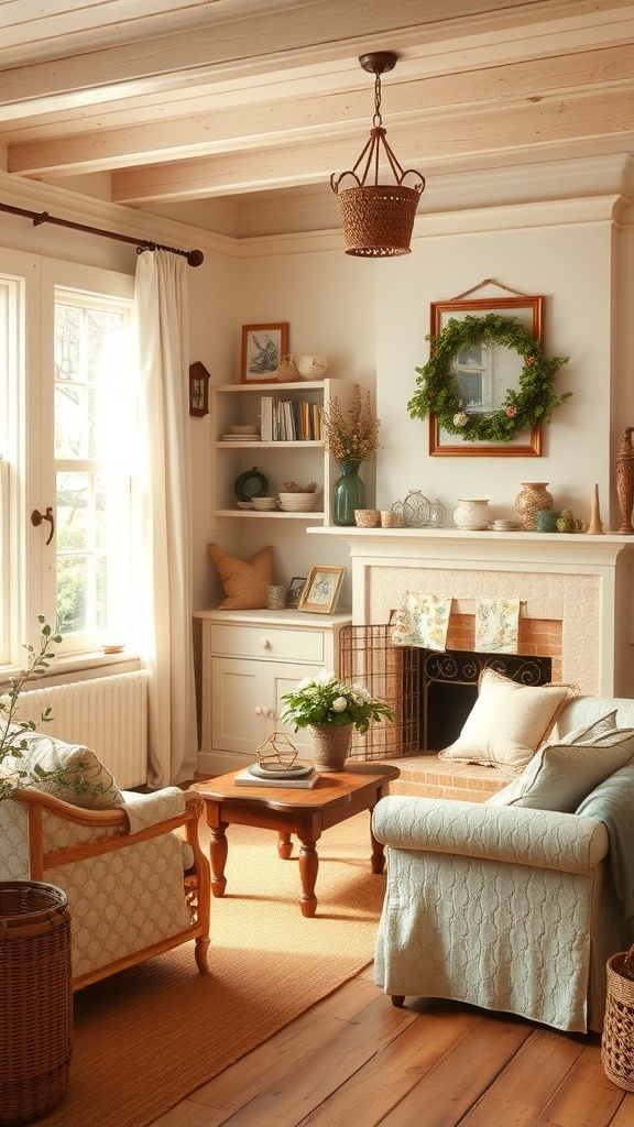 A cozy vintage cottage living room with soft colors and natural light.