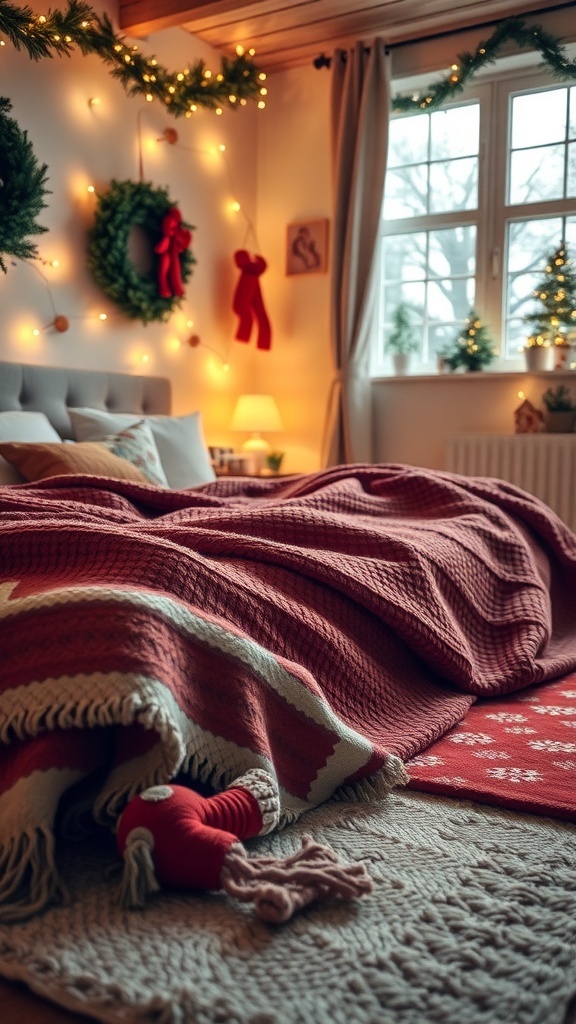 A cozy Christmas-themed bedroom with warm textiles, including a chunky knit blanket, patterned throw, and decorative elements.