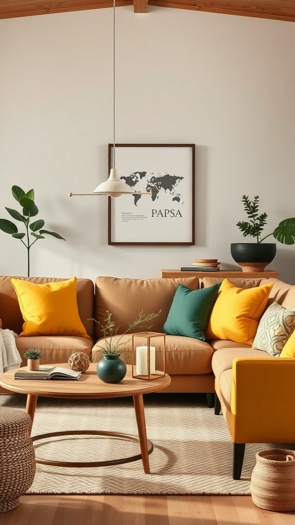 A cozy living room with a brown sofa adorned with yellow and green pillows, a wooden coffee table, and plants.