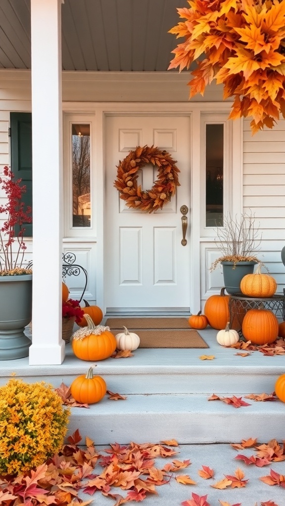 A warm and inviting fall front porch decorated with pumpkins, autumn leaves, and a wreath.