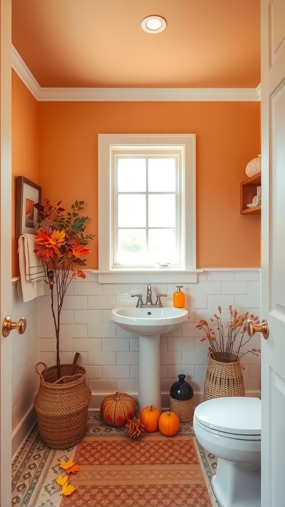 Cozy fall-themed bathroom with orange walls, autumn leaves, and pumpkins