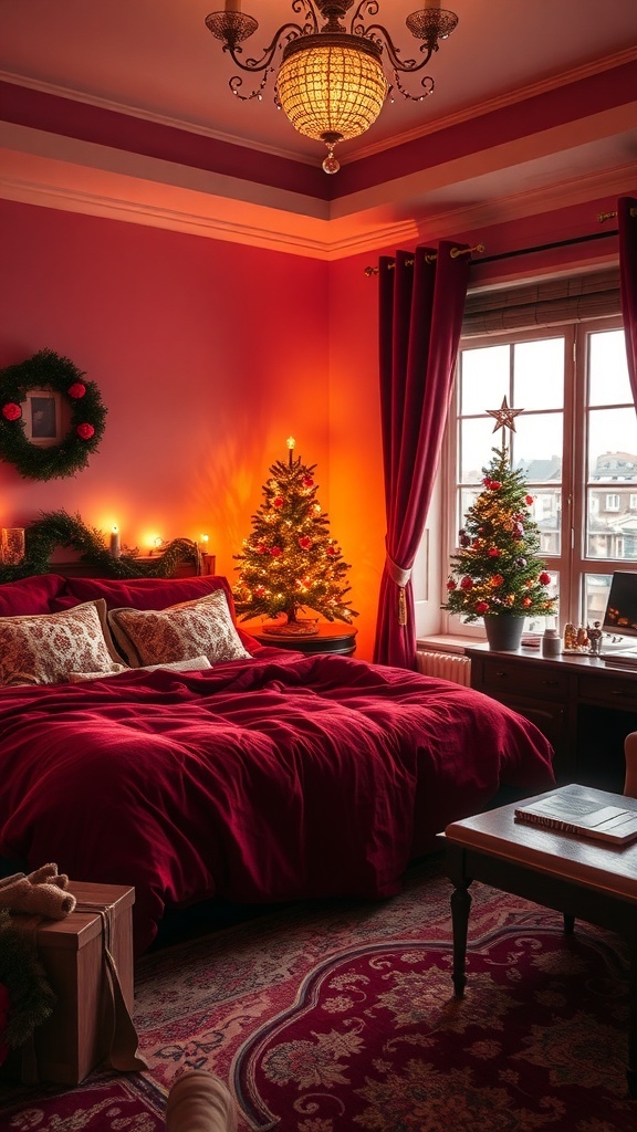 A cozy Christmas bedroom with red bedding, small Christmas trees, and warm lighting.