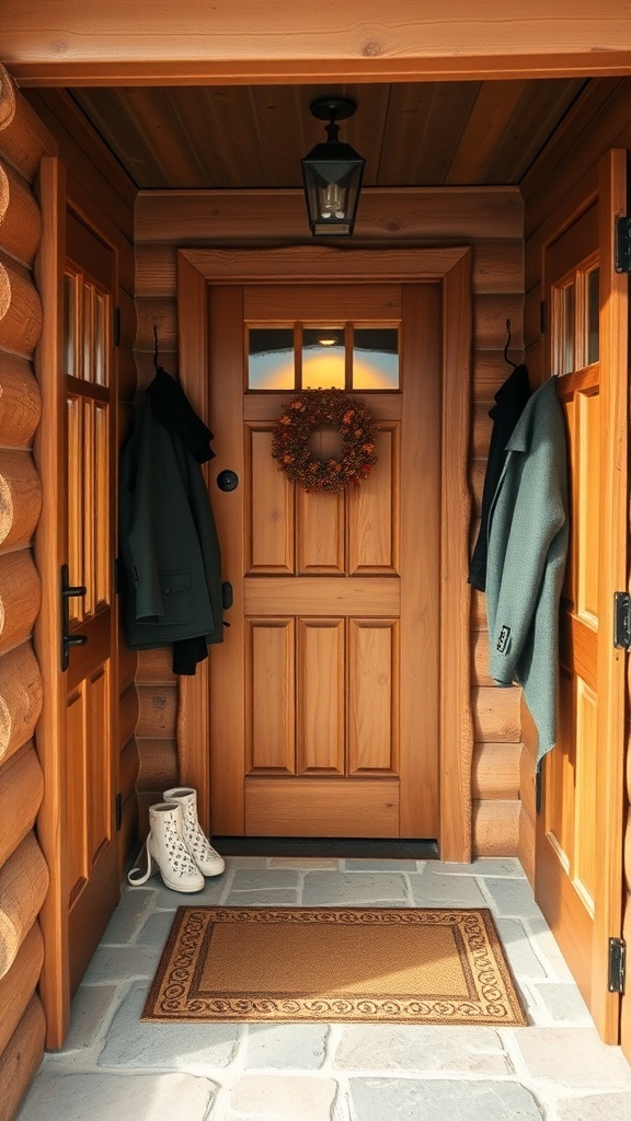 A rustic cottage entryway featuring a wooden door, a wreath, and cozy coats hanging on the walls.