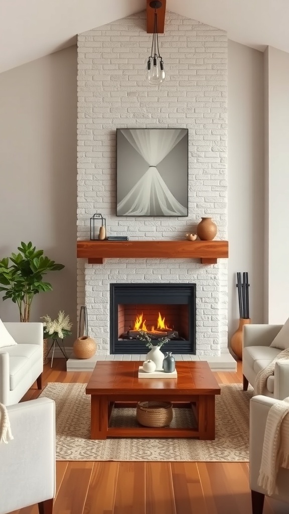 A modern farmhouse interior featuring a warm fireplace, wooden mantel, and cozy seating.