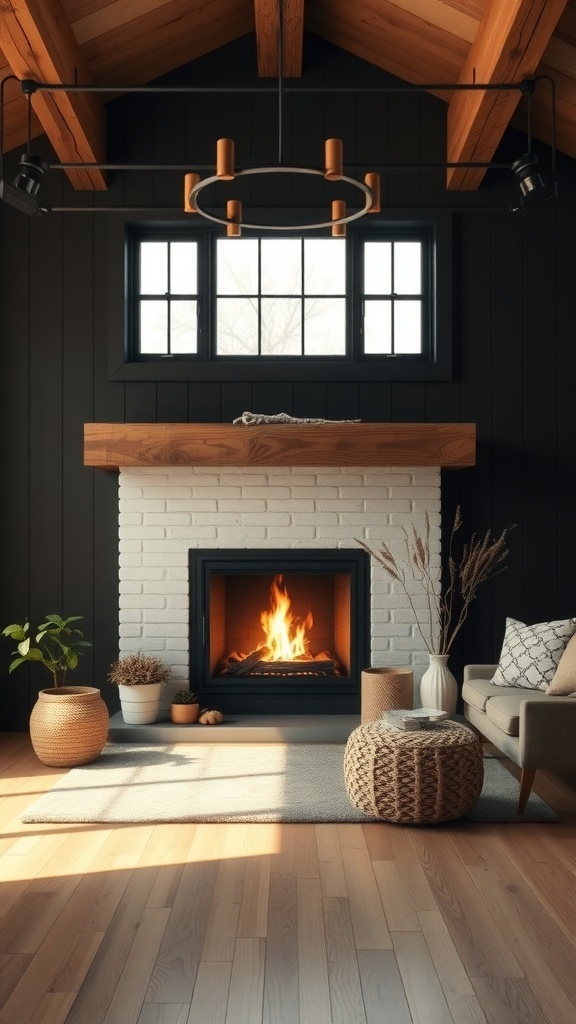 Cozy interior of a black modern farmhouse with a fireplace and wooden accents.