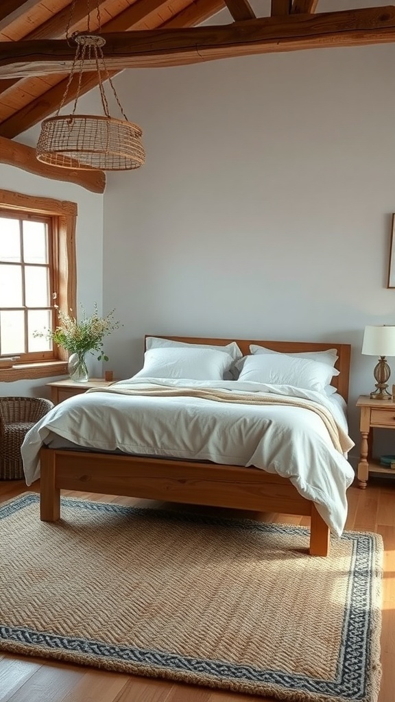 A cozy bedroom featuring a wooden bed, soft bedding, and a warm rug.