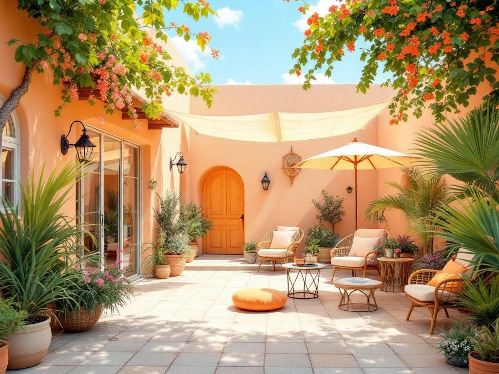 A cozy outdoor space featuring warm apricot tones, comfortable seating, and lush greenery.