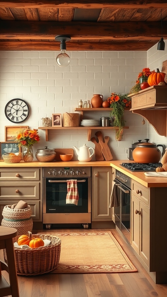 A cozy kitchen decorated for fall with pumpkins, flowers, and warm colors.