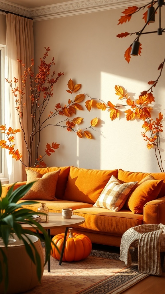 Cozy living room decorated with warm autumn colors, featuring an orange sofa, autumn leaves, and a pumpkin.