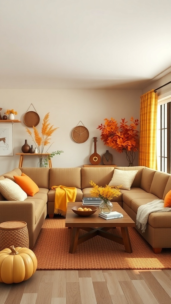 Cozy living room decorated in warm autumn colors with a sectional sofa, pumpkin, and natural elements.