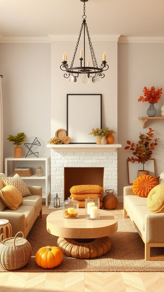 Cozy living room decorated with warm autumn colors, featuring beige sofas, orange cushions, and pumpkins.