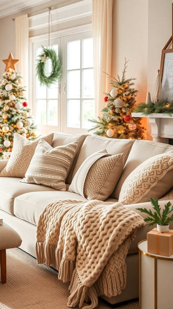 Cozy living room with beige textiles and Christmas decor