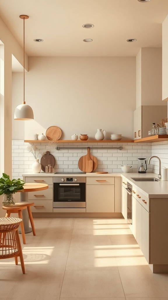 A cozy kitchen featuring warm beige tones, natural wood accents, and a bright atmosphere.
