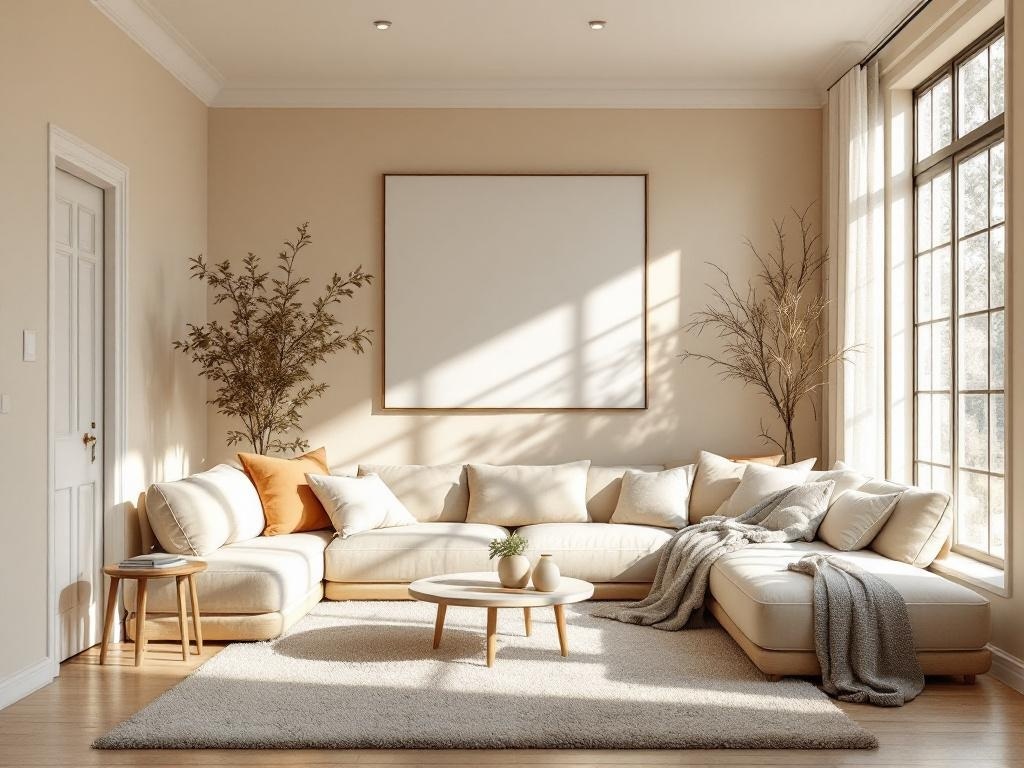 Cozy living room with warm beige tones, featuring a sectional sofa, natural light, and decorative plants.