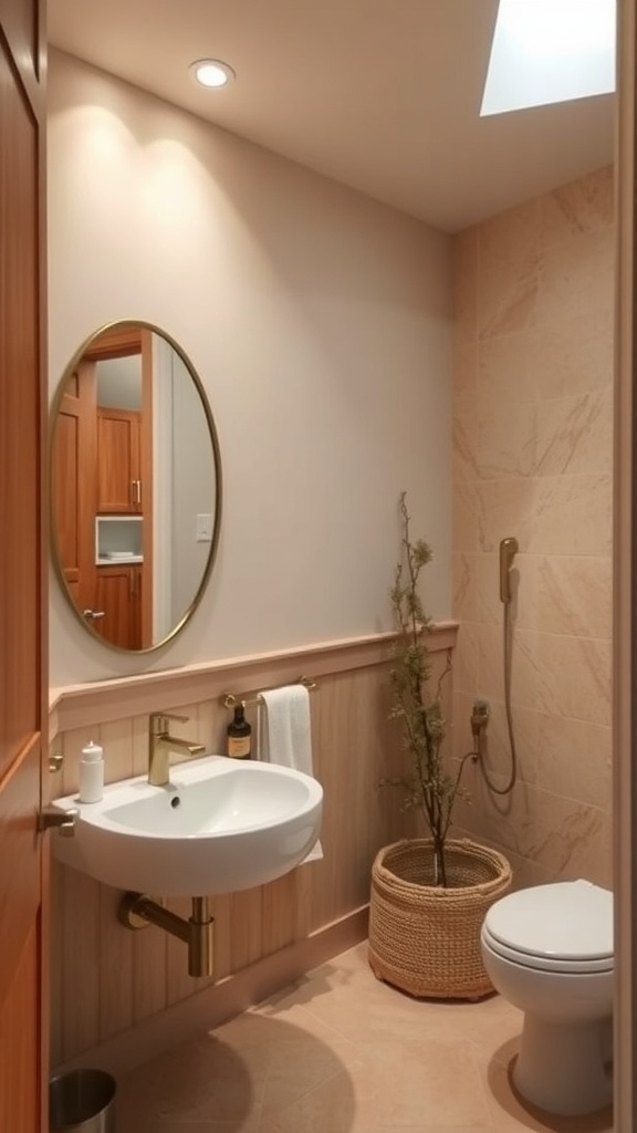 A neutral bathroom featuring warm beige tones with a modern design.