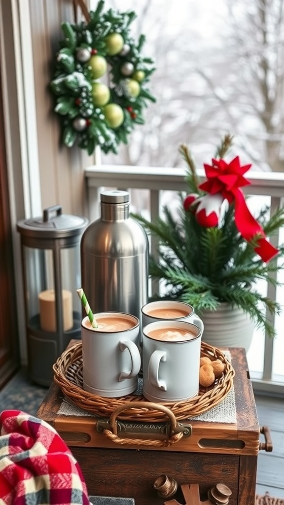 A winter porch beverage station with mugs, a thermos, and festive decor.