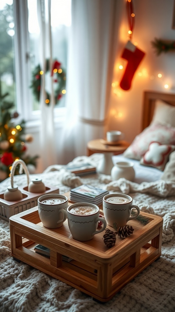 A cozy warm beverage station with mugs of hot cocoa on a wooden tray, surrounded by pinecones and a soft blanket.