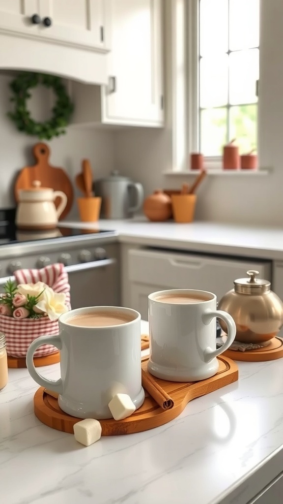 A warm beverage station with two mugs of hot cocoa, marshmallows, and a cinnamon stick on a wooden tray in a farmhouse kitchen.