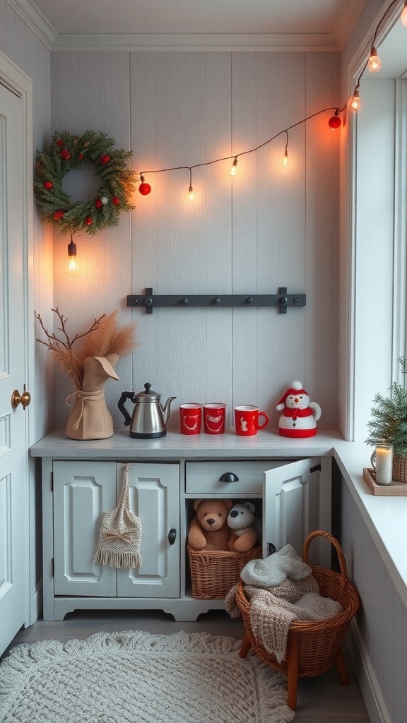 A cozy winter beverage station with a kettle, red mugs, and holiday decorations.