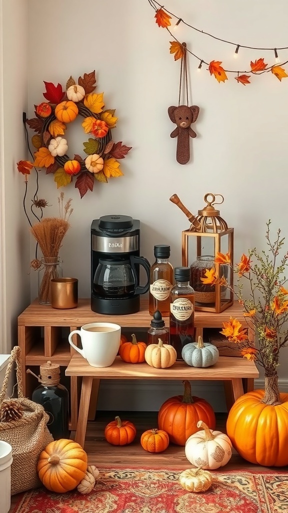 A warm beverage station decorated for fall with coffee, pumpkins, and autumn leaves.