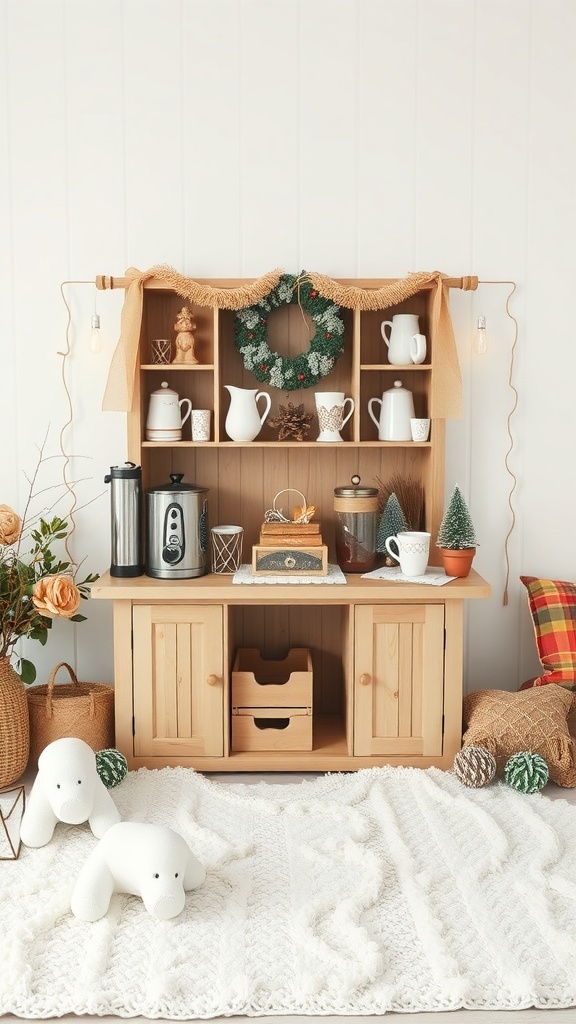 A warm beverage station with a wooden shelf, coffee maker, and decorative items.