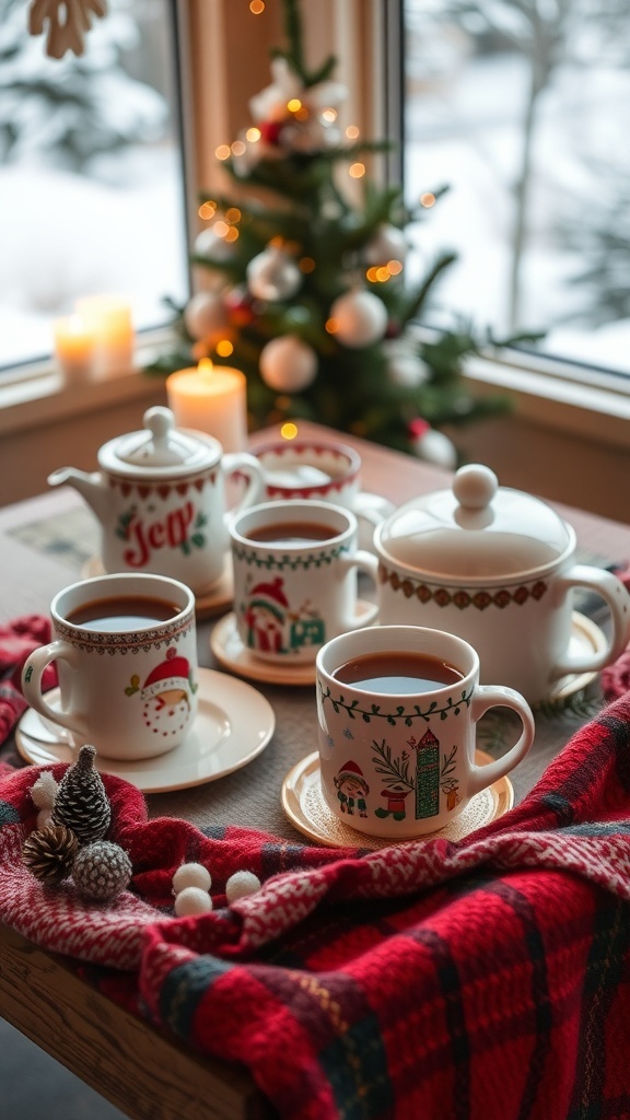 A cozy winter beverage station with festive mugs and a teapot, surrounded by a red blanket and holiday decorations.